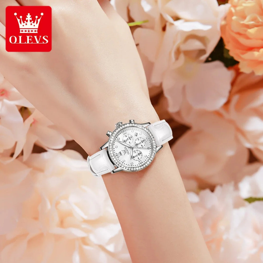 OLEVS 9933 Women’s Fashion Leather Watch – Waterproof Quartz Ladies’ Wristwatch White