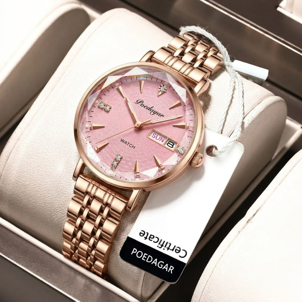 POEDAGAR 312 Women's Stainless Steel Quartz Watch – Waterproof Fashion Timepiece with Date Window Pink