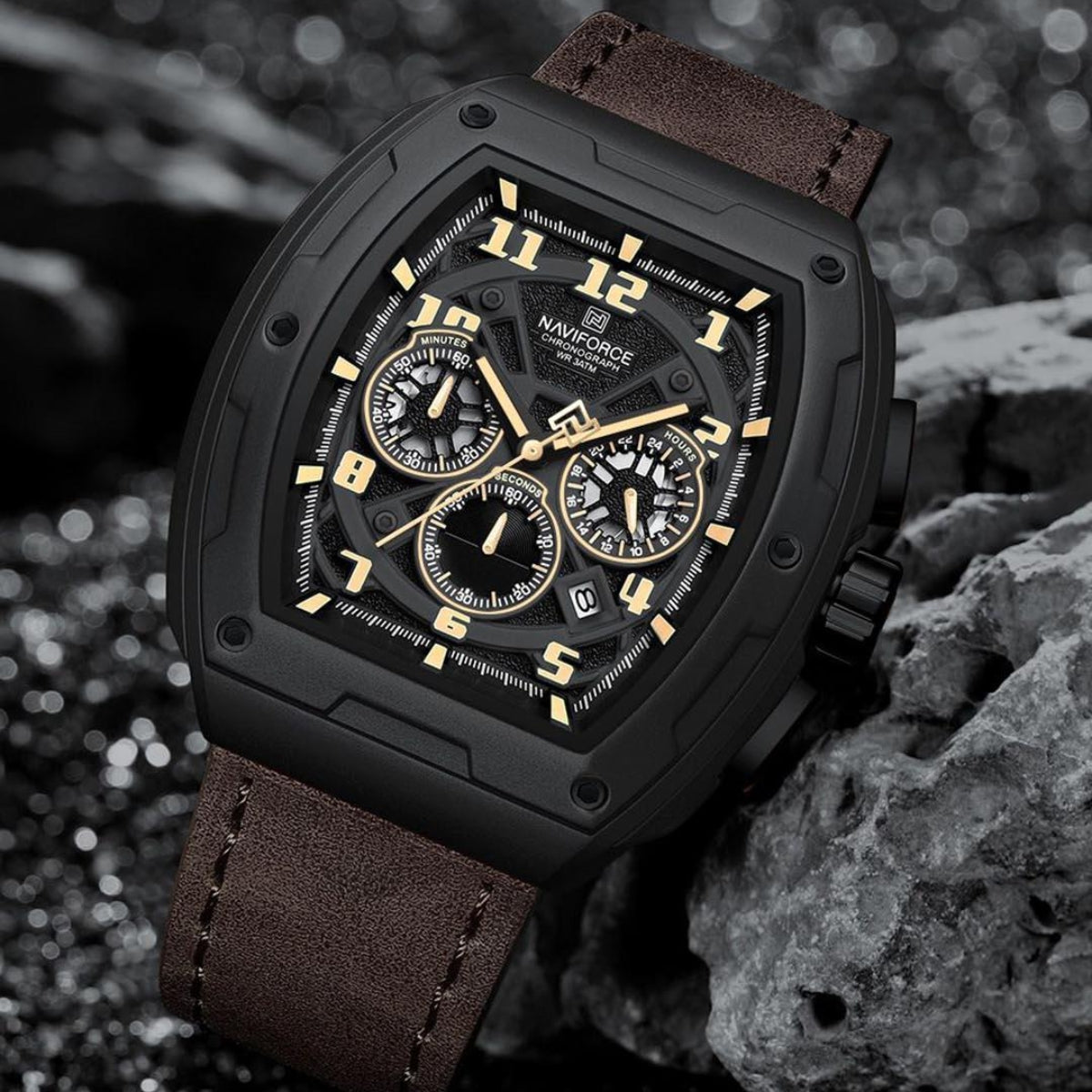 NAVIFORCE 8053 Men's Watch – Waterproof Sport Chronograph with Luxury Leather Band Coffee