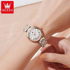 OLEVS 5608 Women’s Luxury  Watch – Waterproof Stainless Steel Quartz Wristwatch for Ladies Rose White