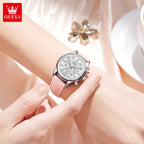 OLEVS 3669 Women’s Multi-Function Watch – Genuine Leather Chronograph Quartz Wristwatch Pink