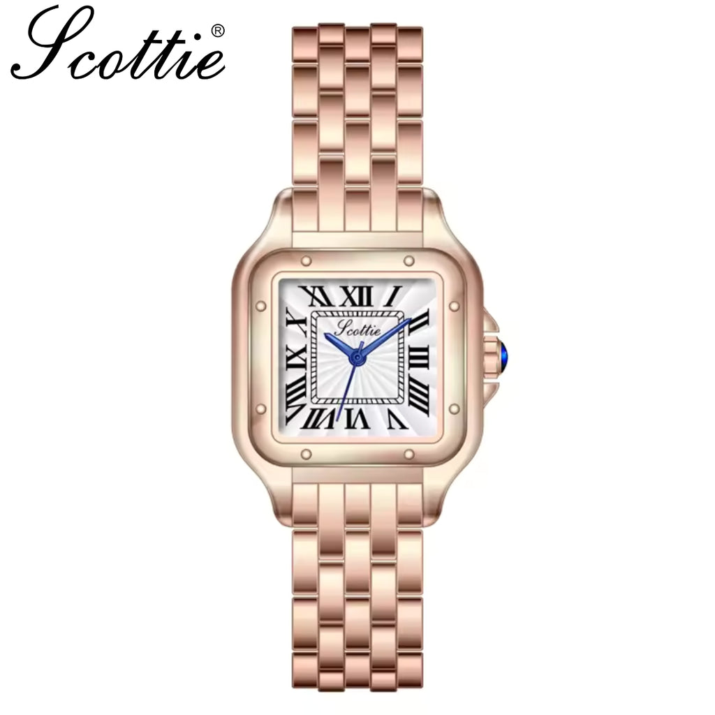 Scottie 9100 Women’s Square Watch – Luxury Stainless Steel Quartz with New Trendy Design Rose Gold