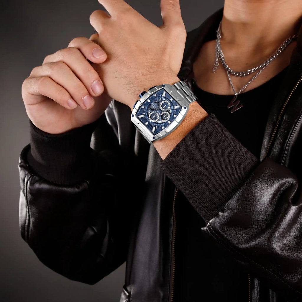NAVIFORCE 8066 Luxury Chronograph Men's Watch – Heavy Duty Stainless Steel 3-Dial Quartz Sport Wristwatch with Date Display Blue