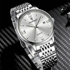 POEDAGAR 826 Waterproof Watch – High-Grade Stainless Steel Quartz Movement Luxury Date Display Wristwatch for Men White