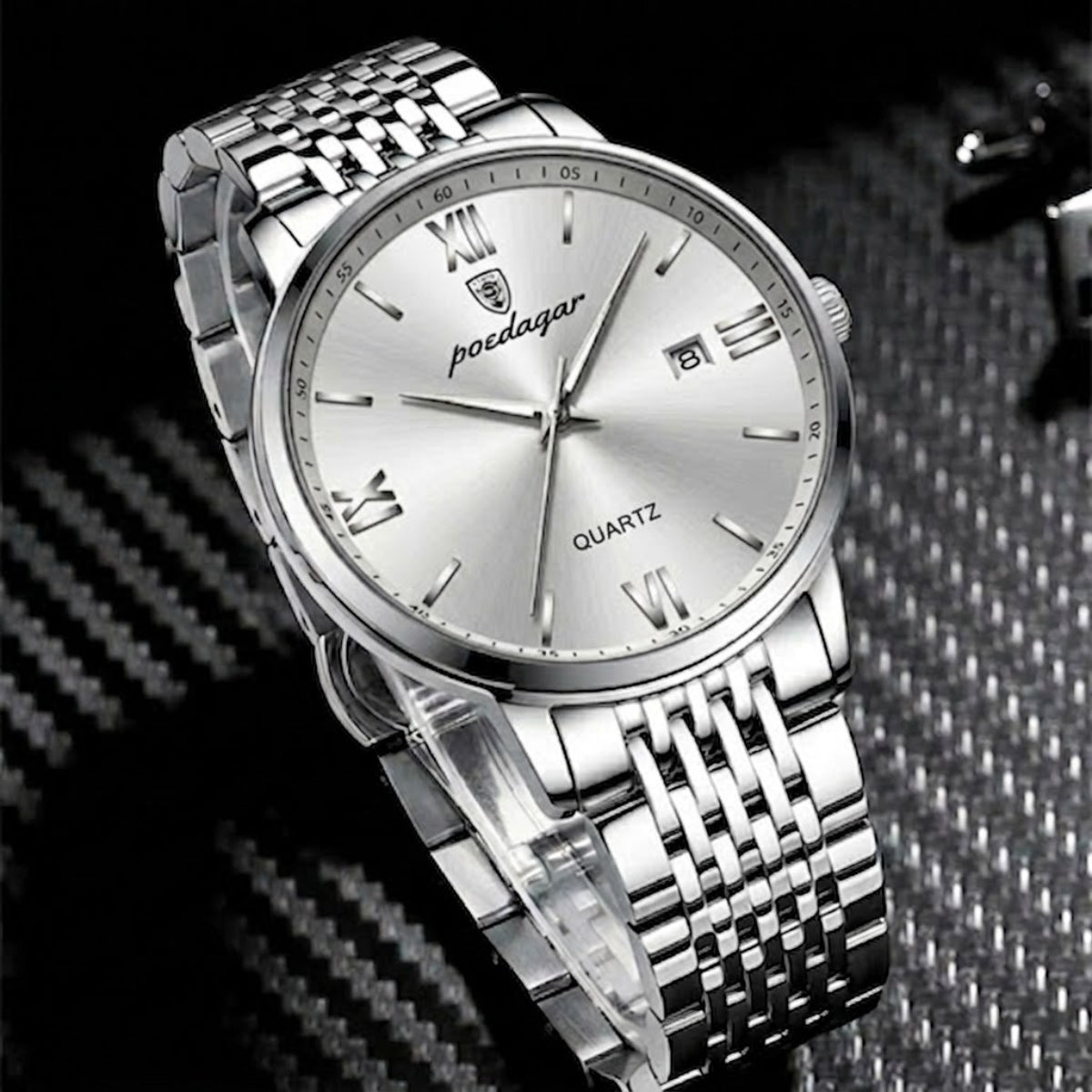 POEDAGAR 826 Waterproof Watch – High-Grade Stainless Steel Quartz Movement Luxury Date Display Wristwatch for Men White