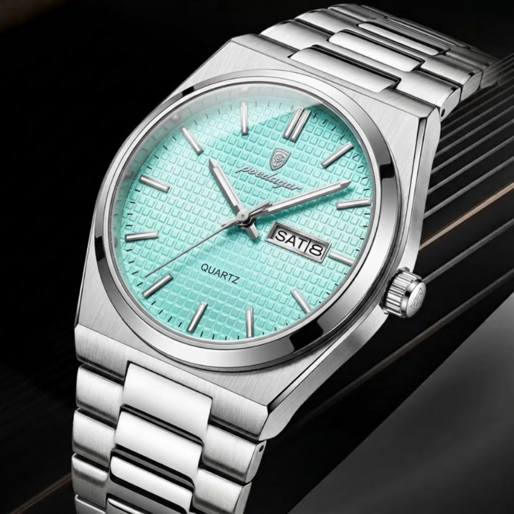 Poedagar 821 Men's Luxury Fashion Watch – Waterproof Luminous Quartz Wristwatch with Stainless Steel Band Light Blue