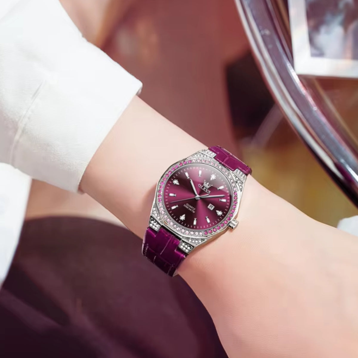OLEVS 5606 Women’s Luxury Leather Watch – Fashion Quartz Wristwatch with Diamond Accents Purple