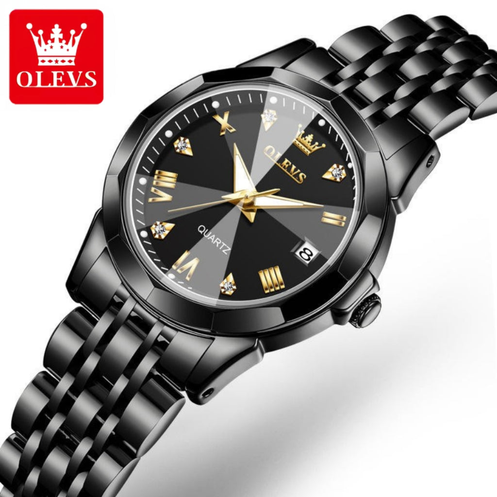 OLEVS 9970 Women’s Fashion Watch – Stainless Steel Waterproof Quartz for Ladies Black