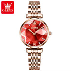 OLEVS 6642 Women’s Luxury Rose Diamond Watch – Fashion Stainless Steel Quartz Wristwatch for Ladies - Red