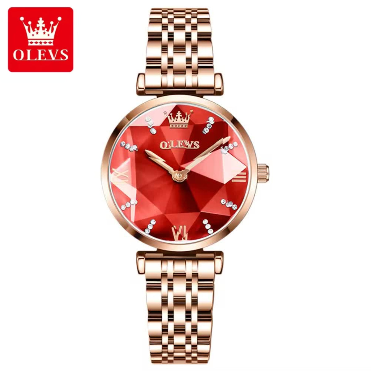 OLEVS 6642 Women’s Luxury Rose Diamond Watch – Fashion Stainless Steel Quartz Wristwatch for Ladies - Red