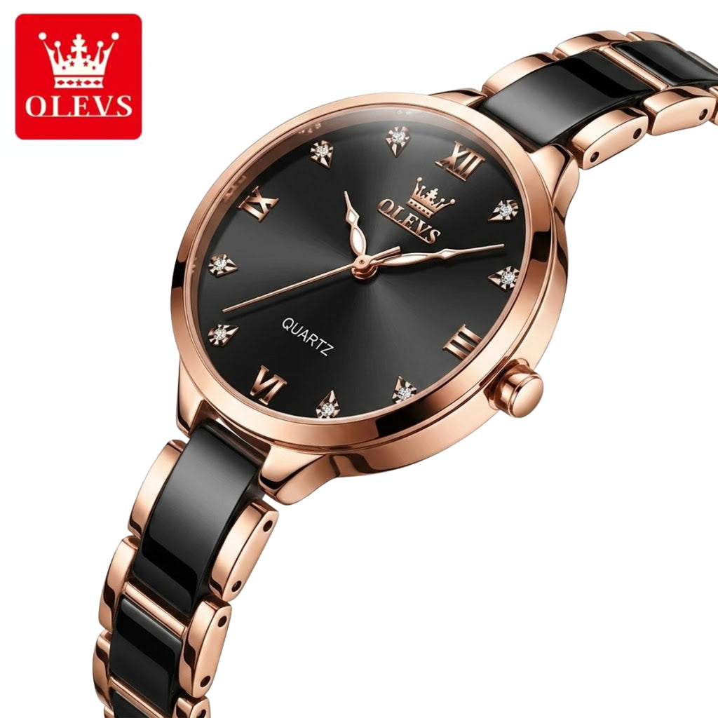 OLEVS 5872 Women’s Ceramic & Steel Watch – Quartz Wristwatch for Ladies Black