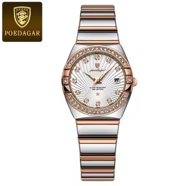 POEDAGAR 302 Luxury Women’s Stainless Steel Wristwatch – Waterproof Quartz Watch with Luminous Hands and Date Display White