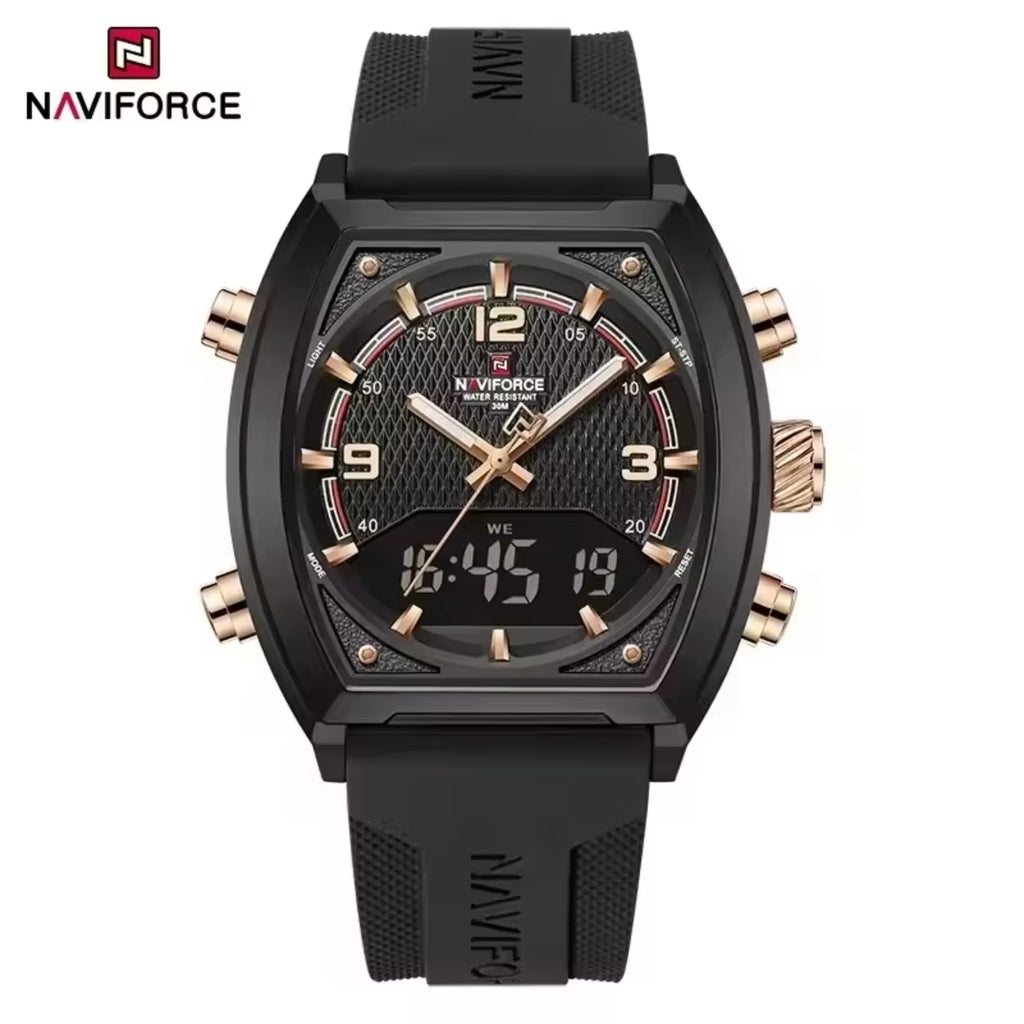 NAVIFORCE 9242 Men’s Digital Sport Watch – Dual Display with Silicone Strap & Waterproof - Gold and Black