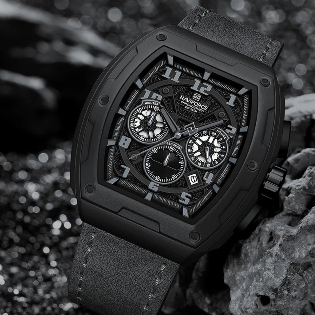NAVIFORCE 8053 Men's Watch – Waterproof Sport Chronograph with Luxury Leather Band Black