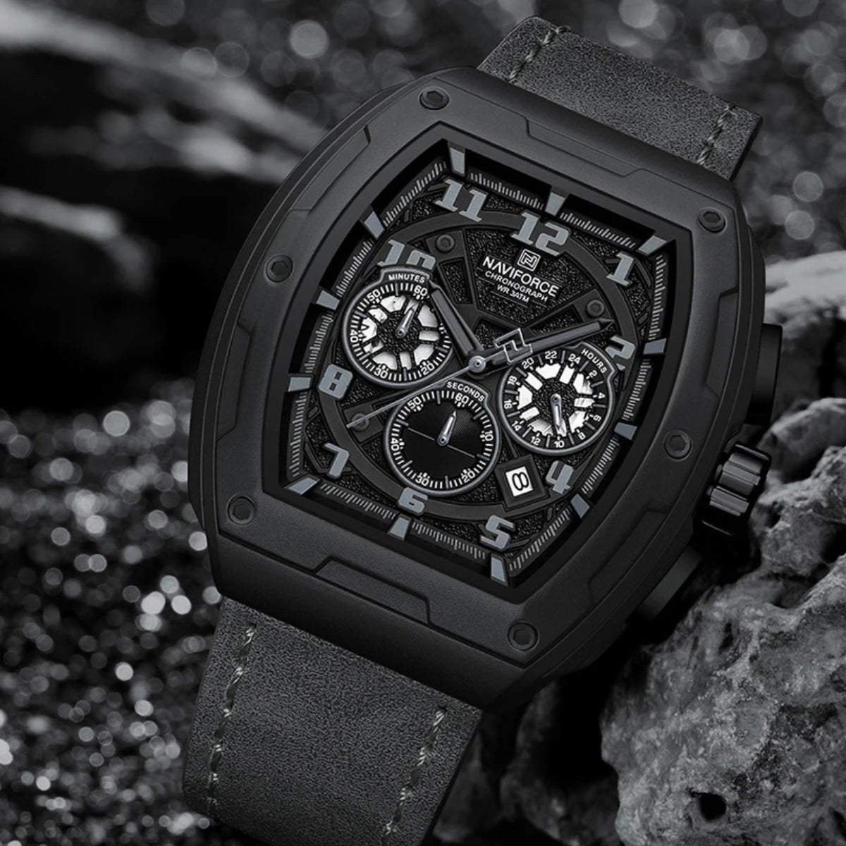 NAVIFORCE 8053 Men's Watch – Waterproof Sport Chronograph with Luxury Leather Band Black