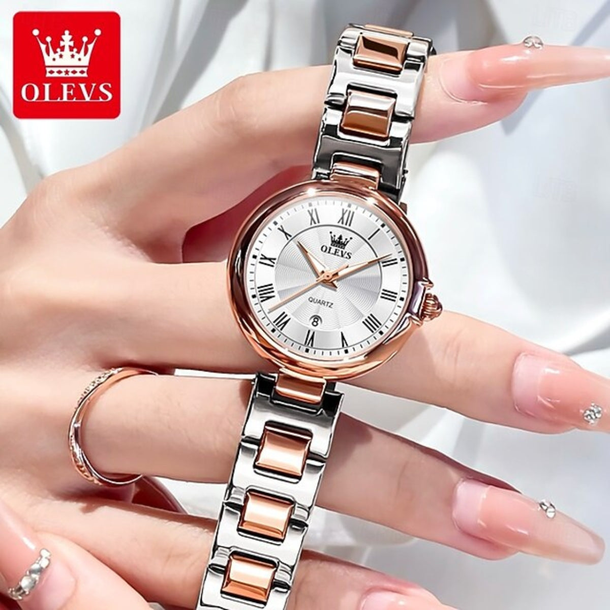 OLEVS 5608 Women’s Luxury  Watch – Waterproof Stainless Steel Quartz Wristwatch for Ladies Rose White