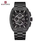 NAVIFORCE 8066 Luxury Chronograph Men's Watch – Heavy Duty Stainless Steel 3-Dial Quartz Sport Wristwatch with Date Display Black