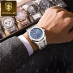 POEDAGAR 924 Men's Luxury Watch: Stainless Steel Waterproof Quartz with Day-Date & Luminous Display Silver Blue
