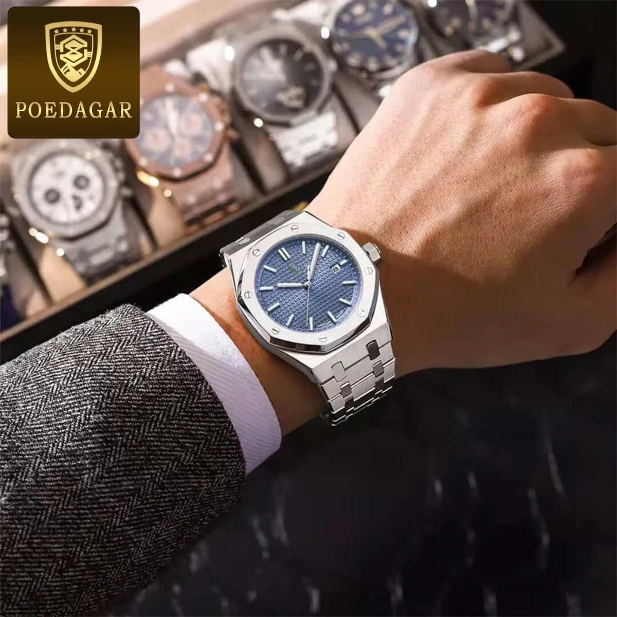 POEDAGAR 924 Men's Luxury Watch: Stainless Steel Waterproof Quartz with Day-Date & Luminous Display Silver Blue