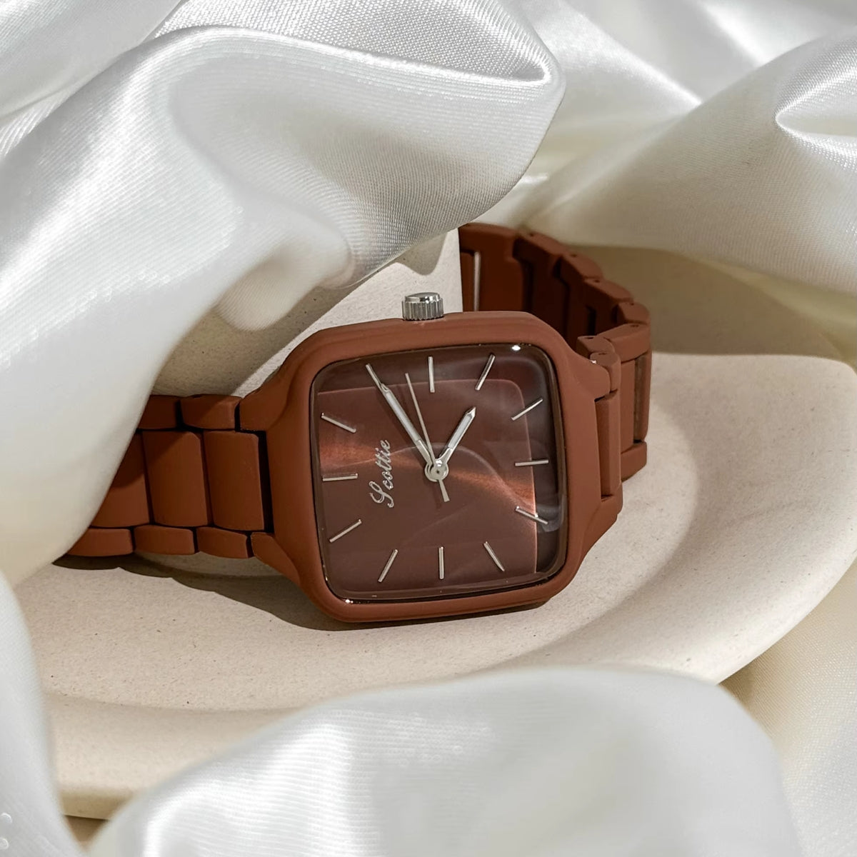 Scottie 9718 Women’s Luxury Square Watch – Stainless Steel Quartz with Brown Color
