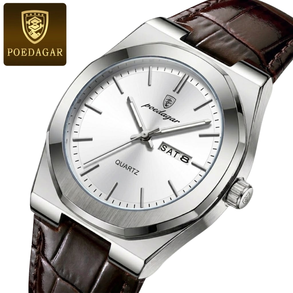 POEDAGAR 930 Men's Ultra-Thin 40mm Watch - Luminous Leather Strap Business Casual Quartz Silver White