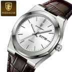 POEDAGAR 930 Men's Ultra-Thin 40mm Watch - Luminous Leather Strap Business Casual Quartz Silver White