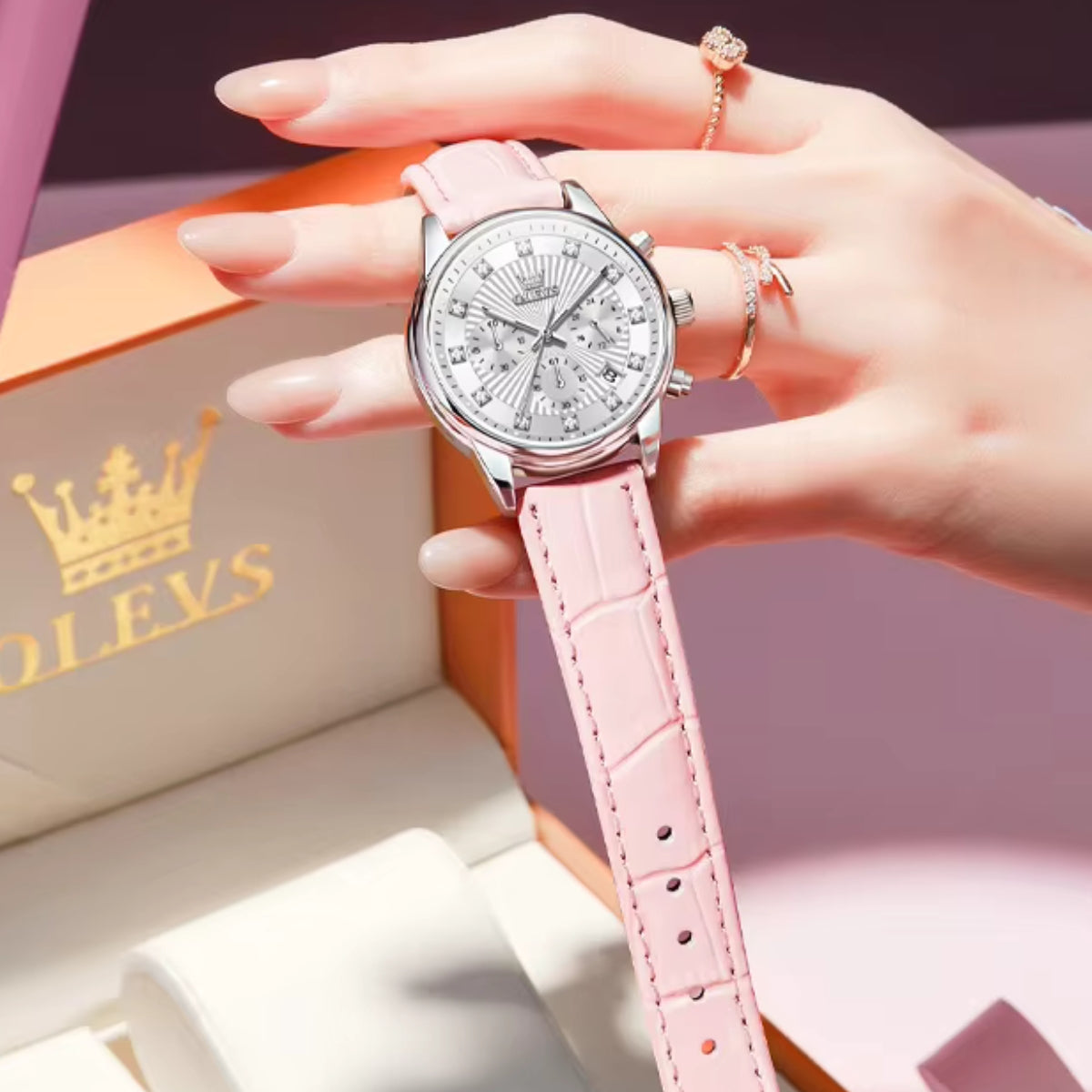 OLEVS 3669 Women’s Multi-Function Watch – Genuine Leather Chronograph Quartz Wristwatch Pink