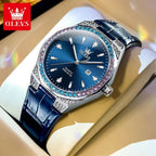 OLEVS 5606 Women’s Luxury Leather Watch – Fashion Quartz Wristwatch with Diamond Accents Blue