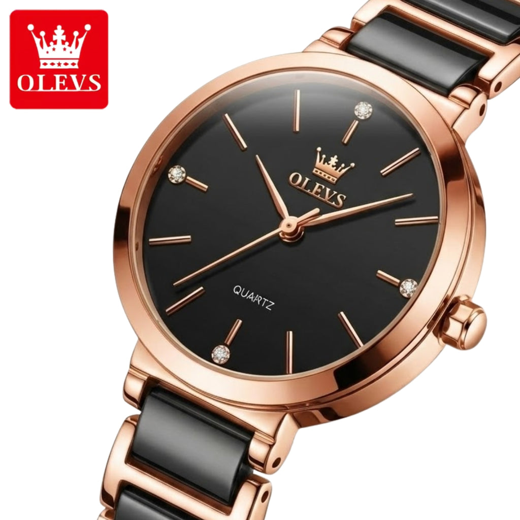 OLEVS 5877 Women’s Luxury Ceramic Watch – Designer Casual Quartz Wristwatch with Matching Bracelet Black
