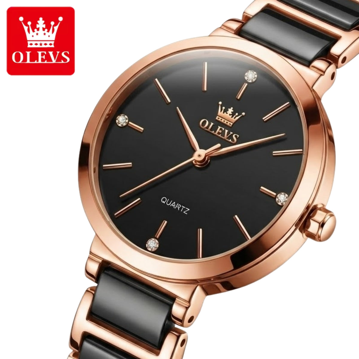 OLEVS 5877 Women’s Luxury Ceramic Watch – Designer Casual Quartz Wristwatch with Matching Bracelet Black