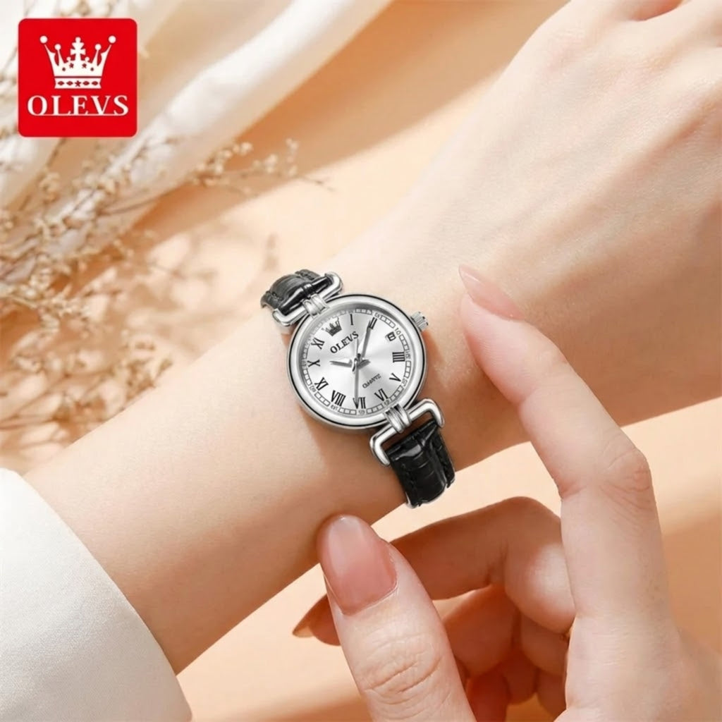 OLEVS 5645 Women’s Retro Classic Watch – Luxury Gold Quartz Wristwatch with Leather Strap & Roman Numerals Silver and White