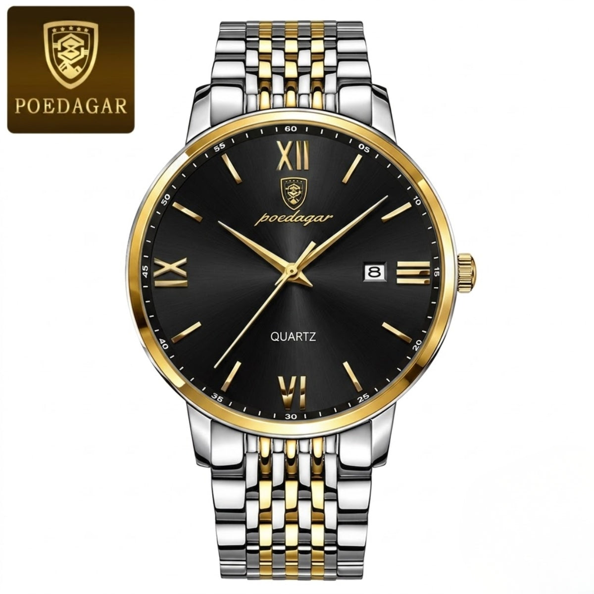 POEDAGAR 826 Waterproof Watch – High-Grade Stainless Steel Quartz Movement Luxury Date Display Wristwatch for Men Gold Black