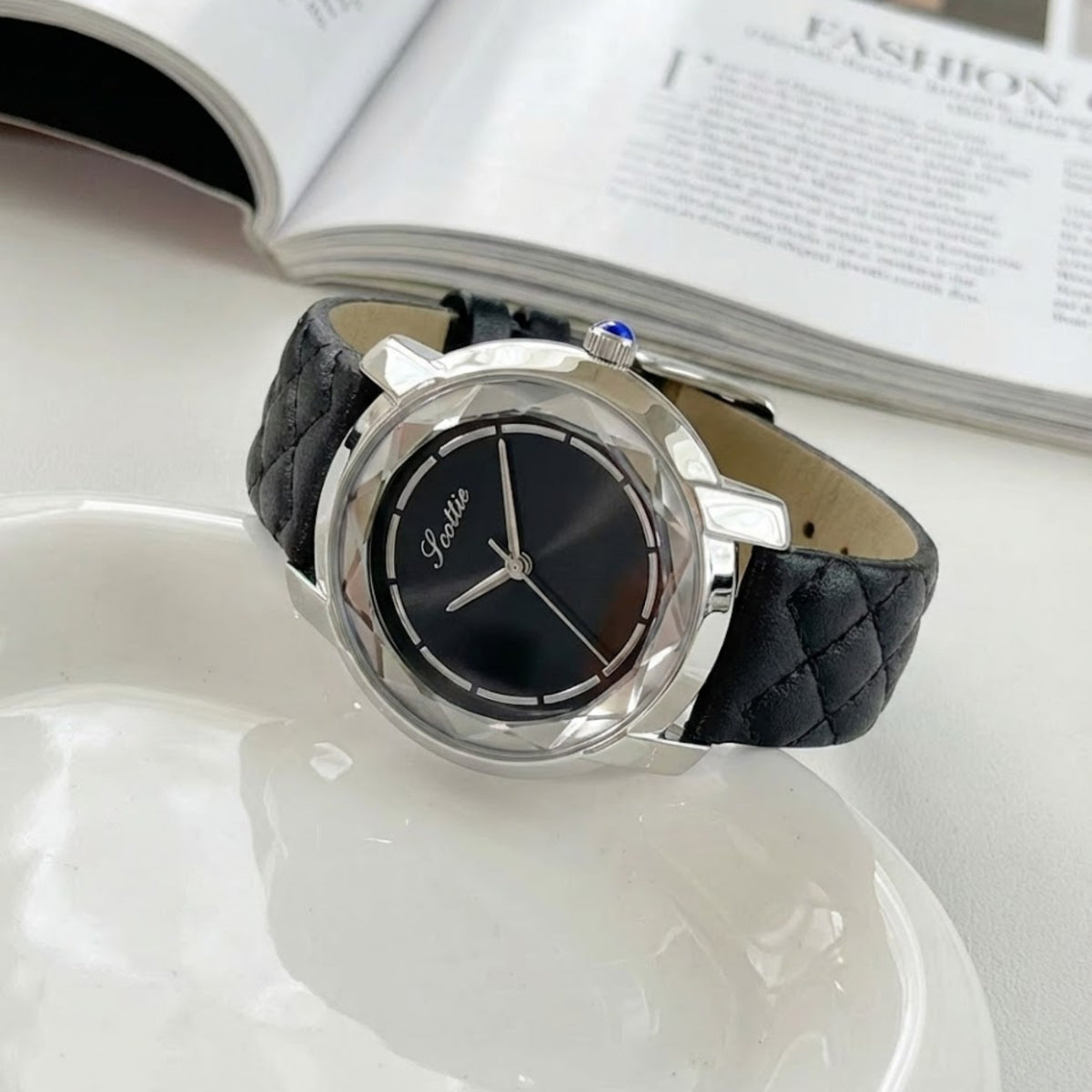 Scottie 9728 Women’s Luxury Square Watch – Waterproof Quartz Wristwatch with Leather Band Black