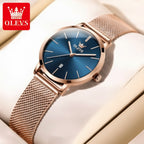 OLEVS 5869 Women’s Ultra-Thin Mesh Watch – Waterproof Luxury Quartz with Steel Strap Rose Gold and Blue