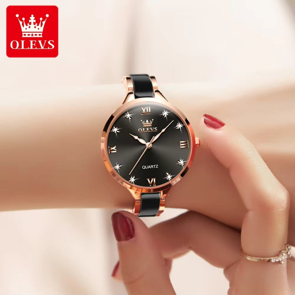 OLEVS 5872 Women’s Ceramic & Steel Watch – Quartz Wristwatch for Ladies Black