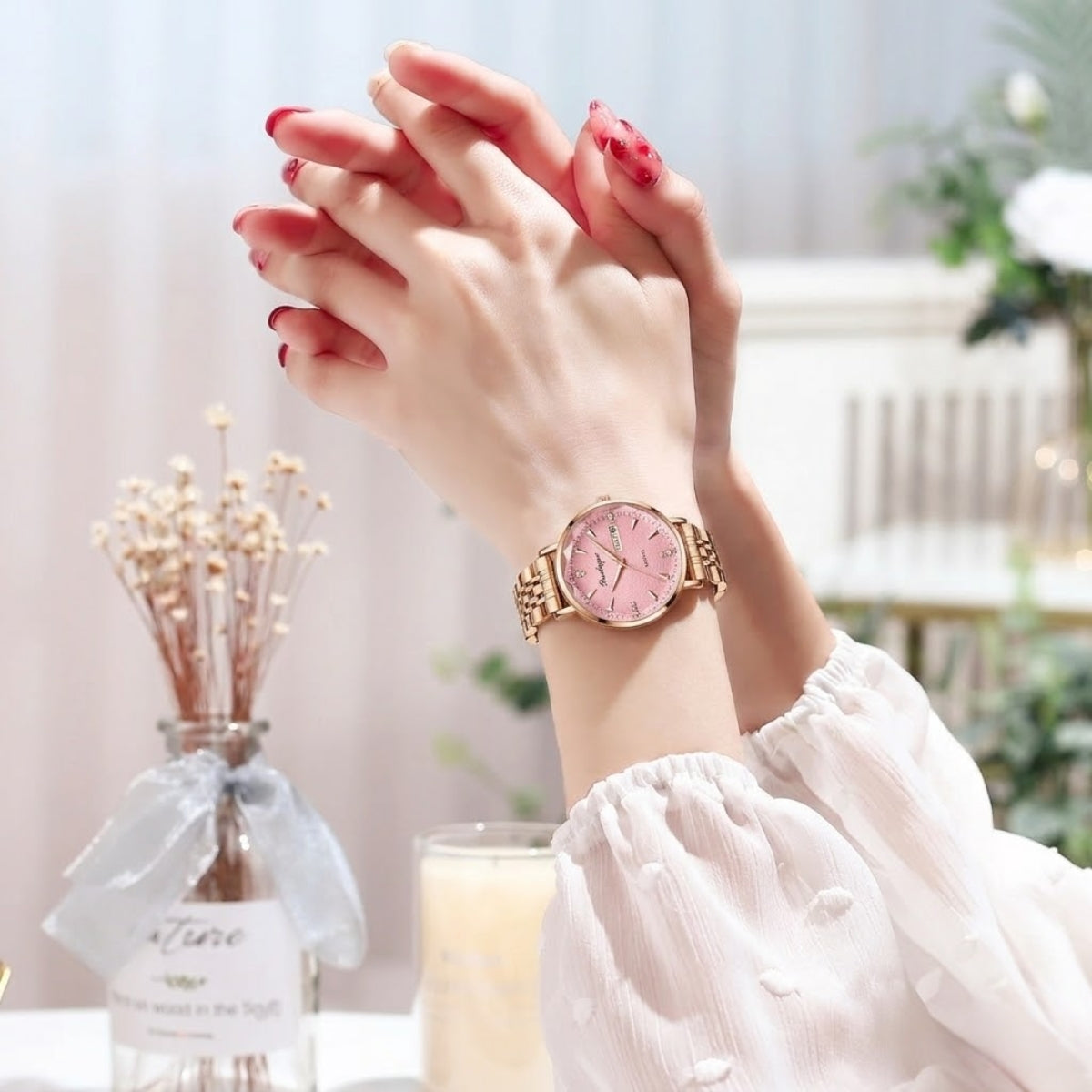 POEDAGAR 312 Women's Stainless Steel Quartz Watch – Waterproof Fashion Timepiece with Date Window Pink
