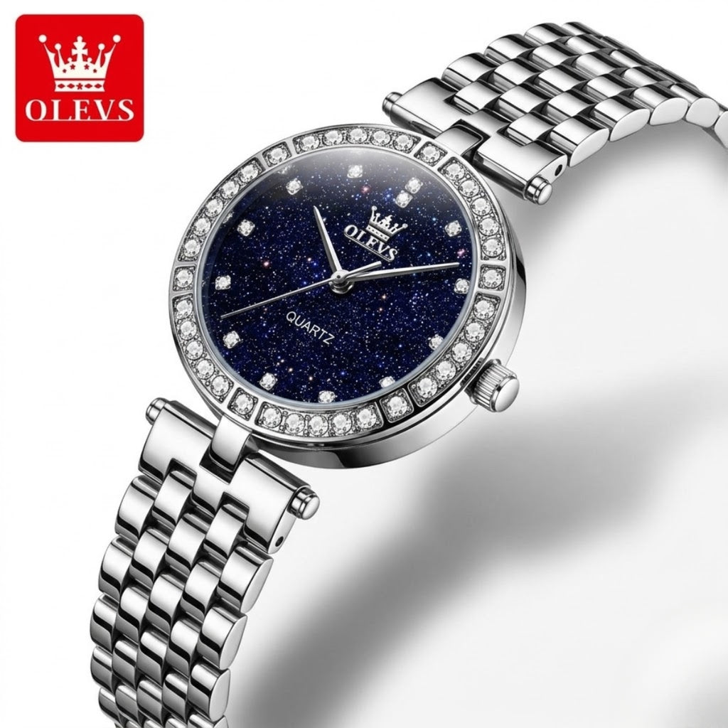 OLEVS 3641 Women’s Starry Sky Watch – Luxury Stainless Steel Waterproof Quartz with Luminous Dial - Silver and Blue