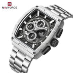 NAVIFORCE 8066 Luxury Chronograph Men's Watch – Heavy Duty Stainless Steel 3-Dial Quartz Sport Wristwatch with Date Display Black Silver