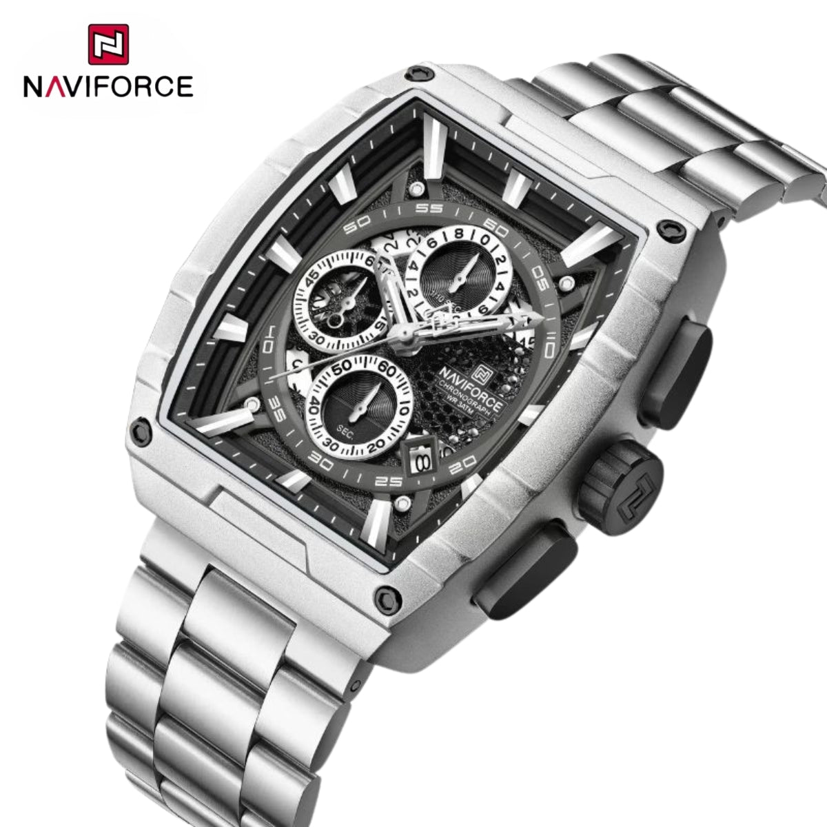 NAVIFORCE 8066 Luxury Chronograph Men's Watch – Heavy Duty Stainless Steel 3-Dial Quartz Sport Wristwatch with Date Display Black Silver