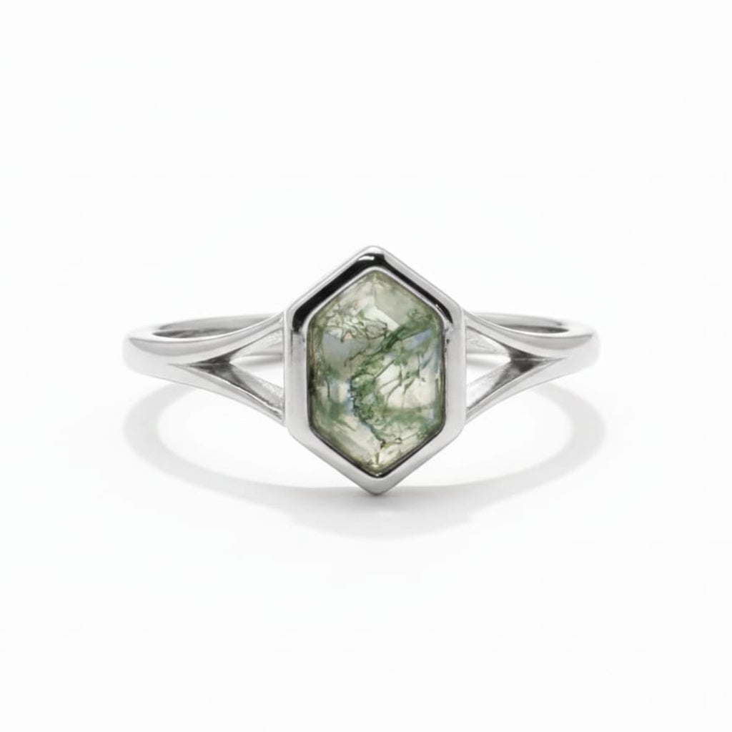 Hexagon Moss Agate Silver Ring