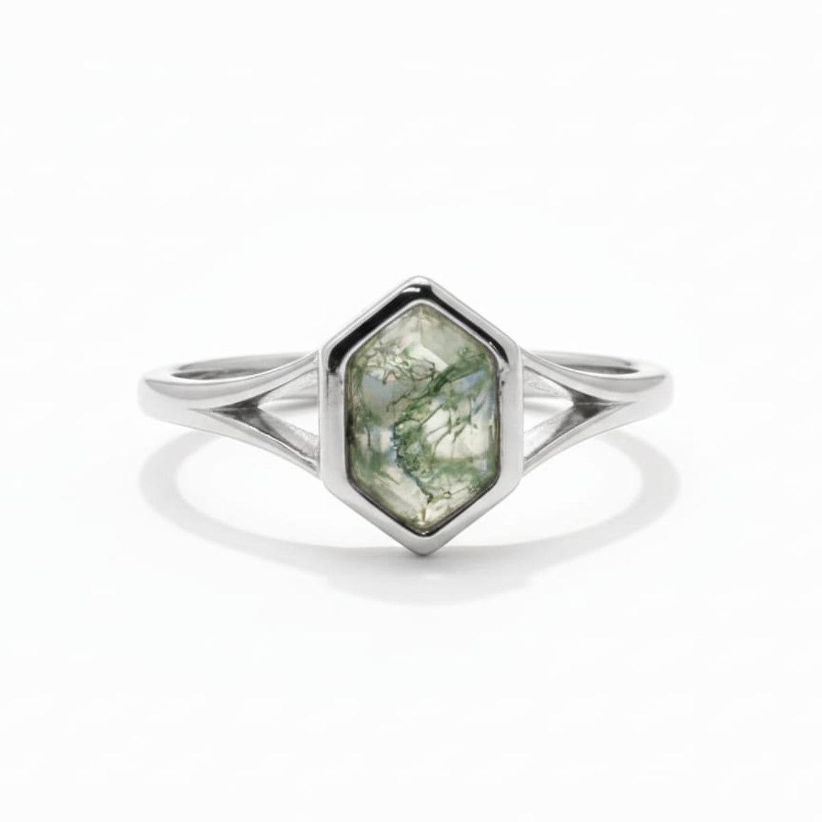 Hexagon Moss Agate Silver Ring
