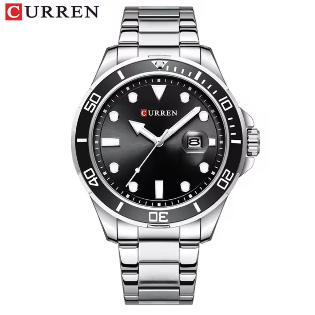 CURREN 8388 Men’s Luxury Quartz Watch 3ATM Waterproof Stainless Steel Classic Wristwatch Silver and Black
