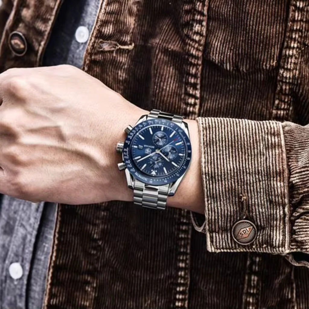 BENYAR 5140 Men’s Luxury Chronograph – Business Steel Quartz Watch, 3ATM Waterproof & Luminous Blue Dial