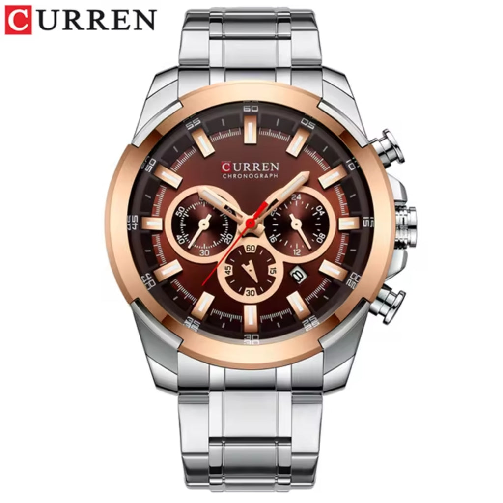 CURREN 8361 Men’s Luxury Chronograph Stainless Steel Waterproof Quartz Sports Watch with Date Silver and Brown