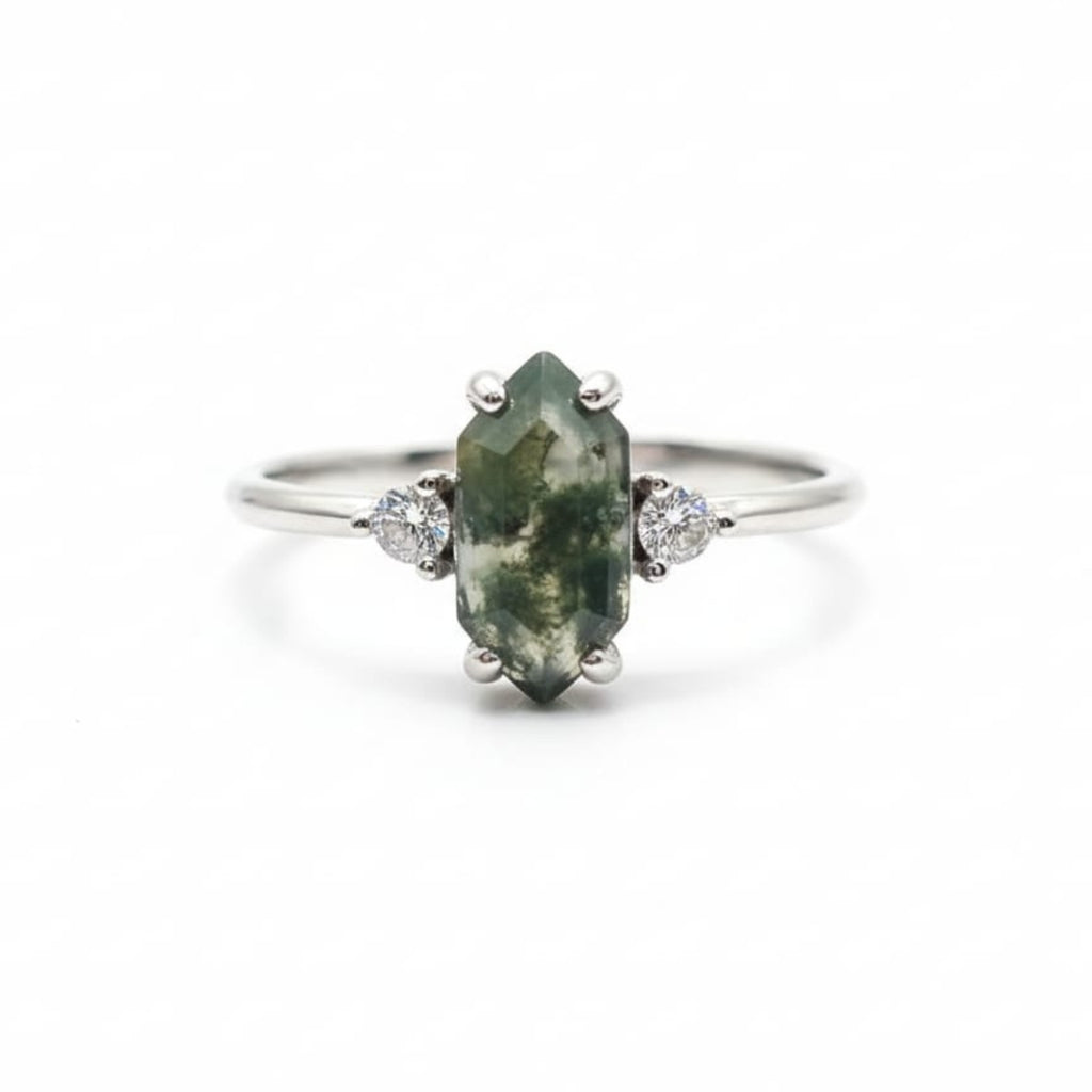 Hexagonal Moss Agate Silver Ring