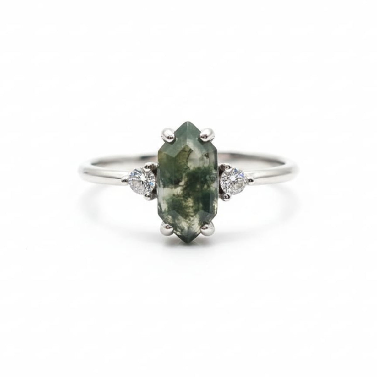 Hexagonal Moss Agate Silver Ring