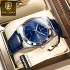 POEDAGAR 930 Men's Ultra-Thin 40mm Watch - Luminous Leather Strap Business Casual Quartz Silver Blue