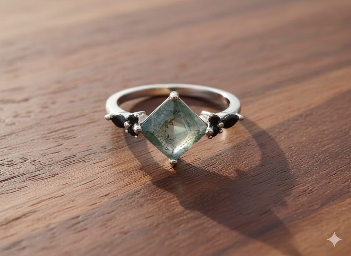Moss Agate and Zircon Ring Set