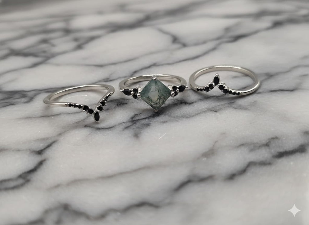 Moss Agate and Zircon Ring Set