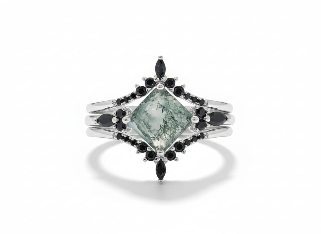 Moss Agate and Zircon Ring Set